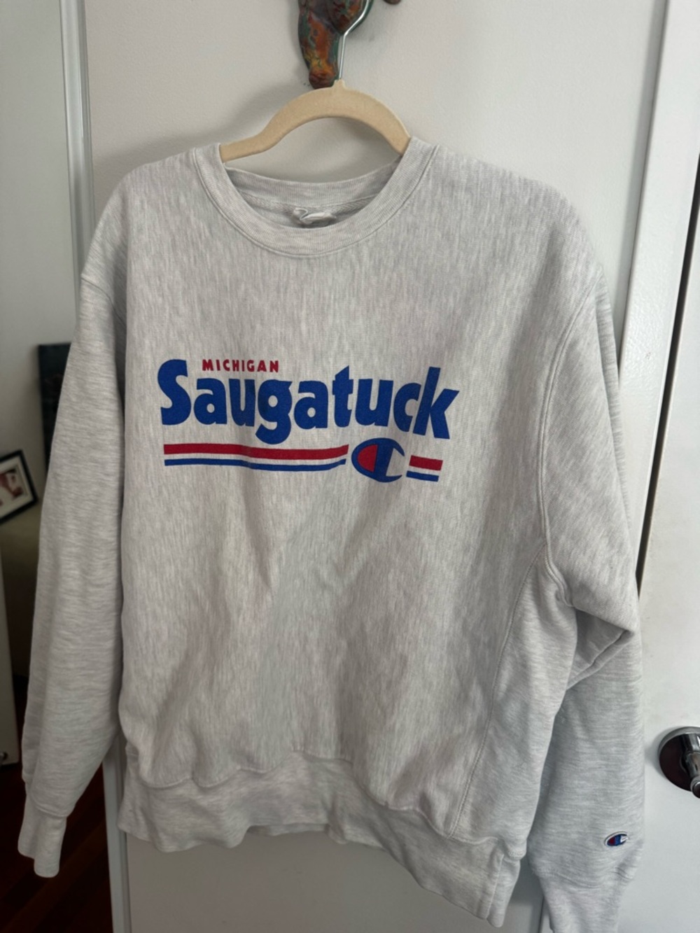 Champion Light Gray Saugatuck Michigan Crewneck with Blue & Red Graphic - Picture 4 of 5